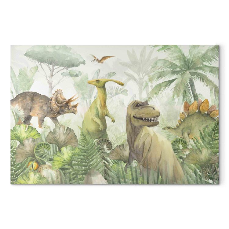 Canvas Print Dinosaurs - Watercolor Reptiles in the Prehistoric Green Jungle
