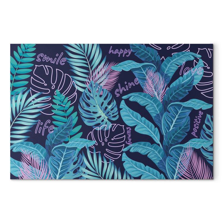 Canvas Print Neon Jungle - Leaves and Inscriptions in Bright and Vivid Colors