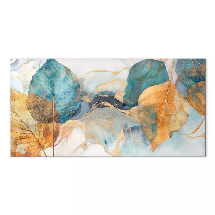 Canvas Print A Breath of Autumn - Yellow and Blue Leaves on an Abstract Background