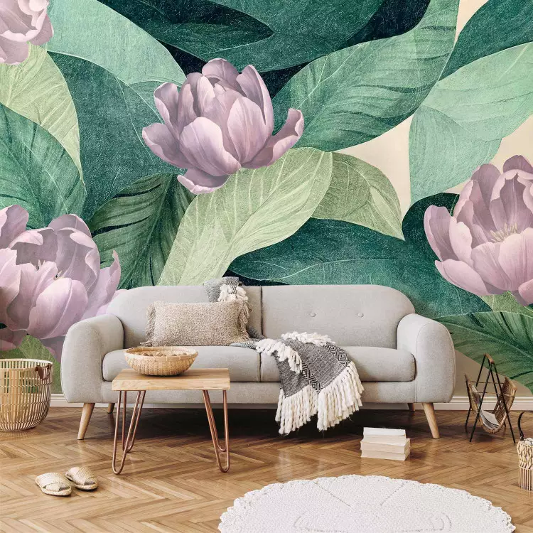 Purple Tulips - Flowers Against a Background of Stately Leaves in a Shade of Green