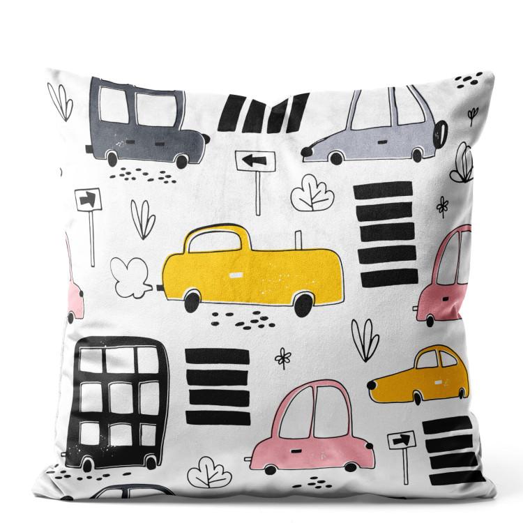Velor Pillow Happy Journey - Sketches of Colorful Cars on a Minimalist Background