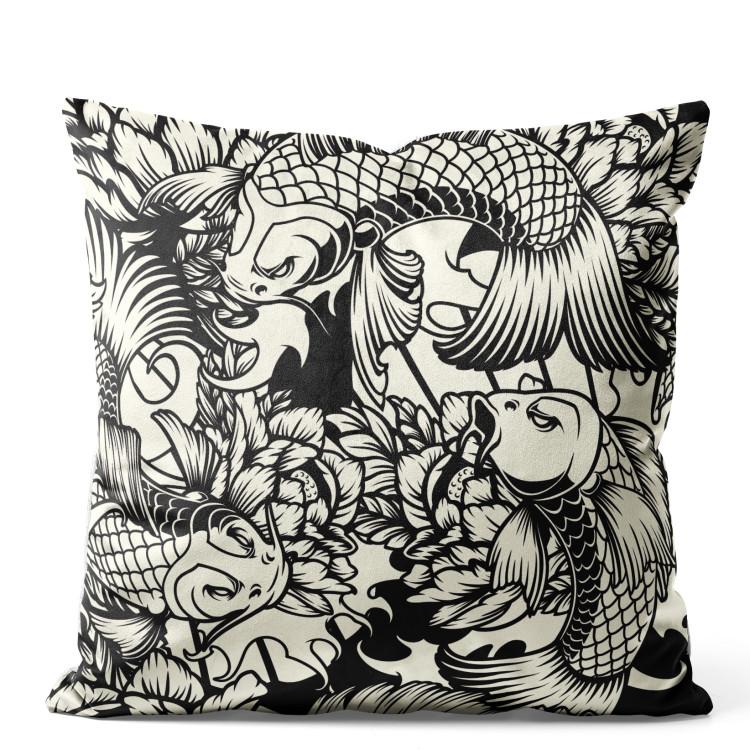 Velor Pillow Fish Among Flowers - Black and White Linear Composition With Koi Carp