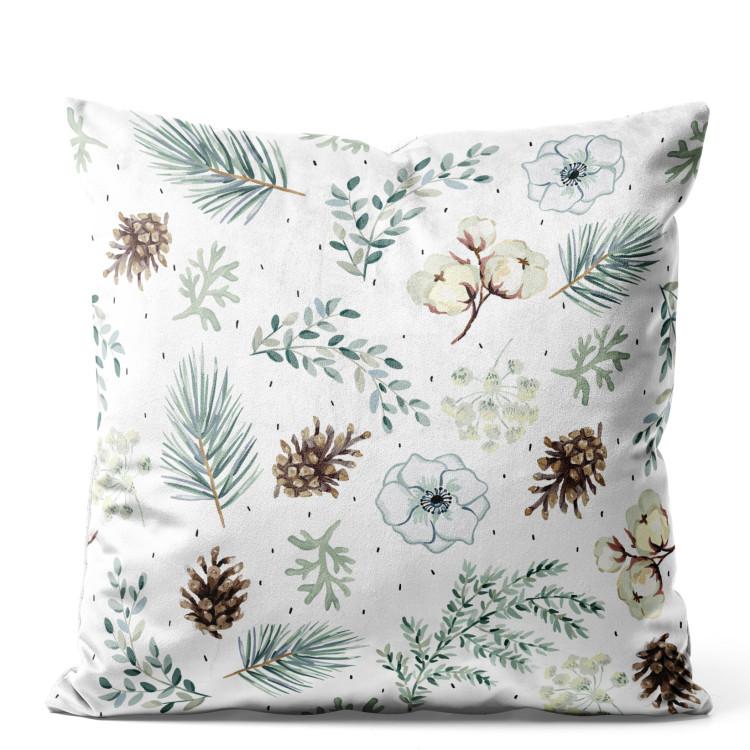 Velor Pillow Forest Composition - Tree Branches and Flowers on a White Background