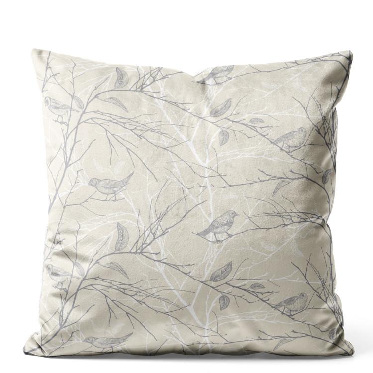 Velor Pillow Flowering Twigs - Birds Sitting on a Tree With Young Leaves