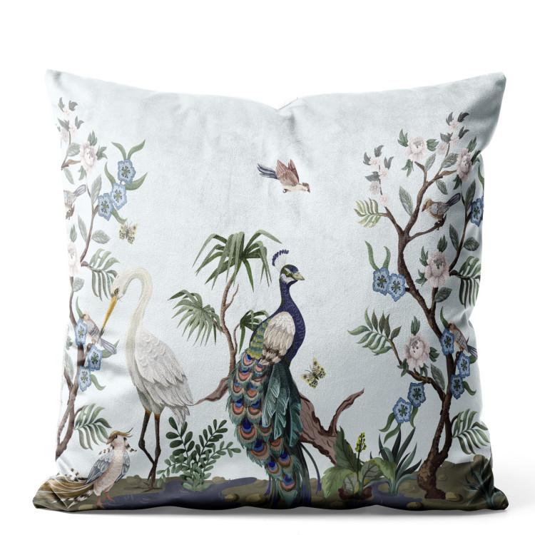 Velor Pillow Peacock and Heron - Birds Among Flowering Bushes on a White Background