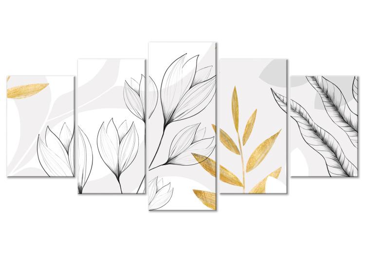 Canvas Print Magnolias and Foliage - Minimalist Plants in Gray and Gold