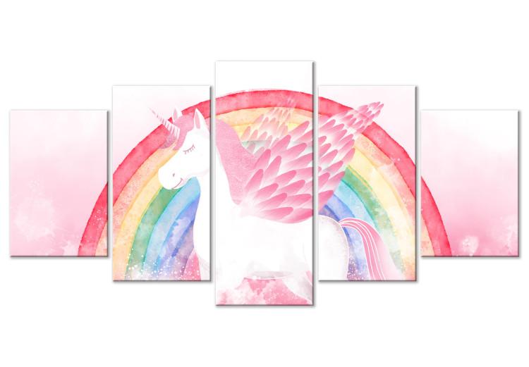 Canvas Print The Pink Power of the Unicorn - A Winged Animal Against a Rainbow Background