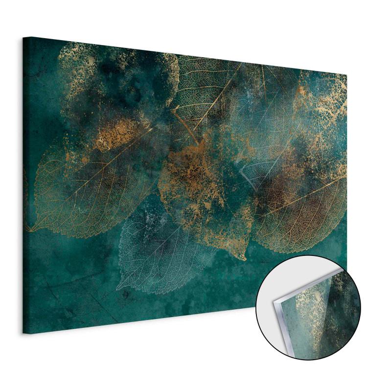 Acrylic Print Golden Leaves - Autumn Plants on a Turquoise Background [Glass]