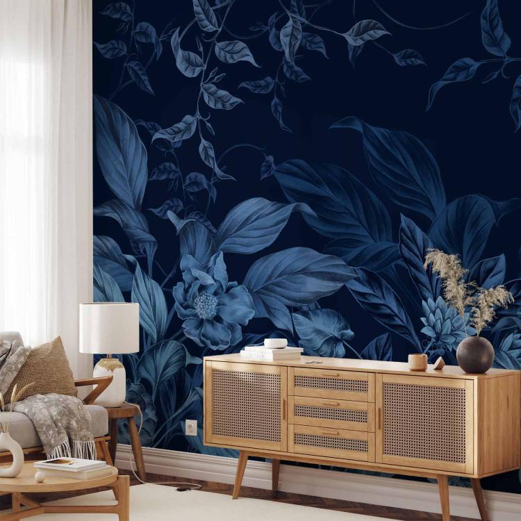 Wall Mural Leaves and Flowers - Moody Floral Motif in Navy Blue Shades