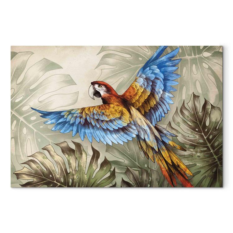 Canvas Print Parrot in the Jungle - A Colorful Bird Among the Delicate Leaves of a Monstera