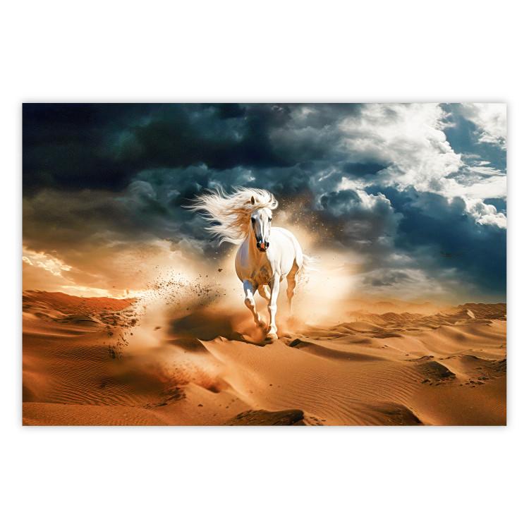 Poster White Horse - A Wild Animal Galloping Through the Desert During a Storm