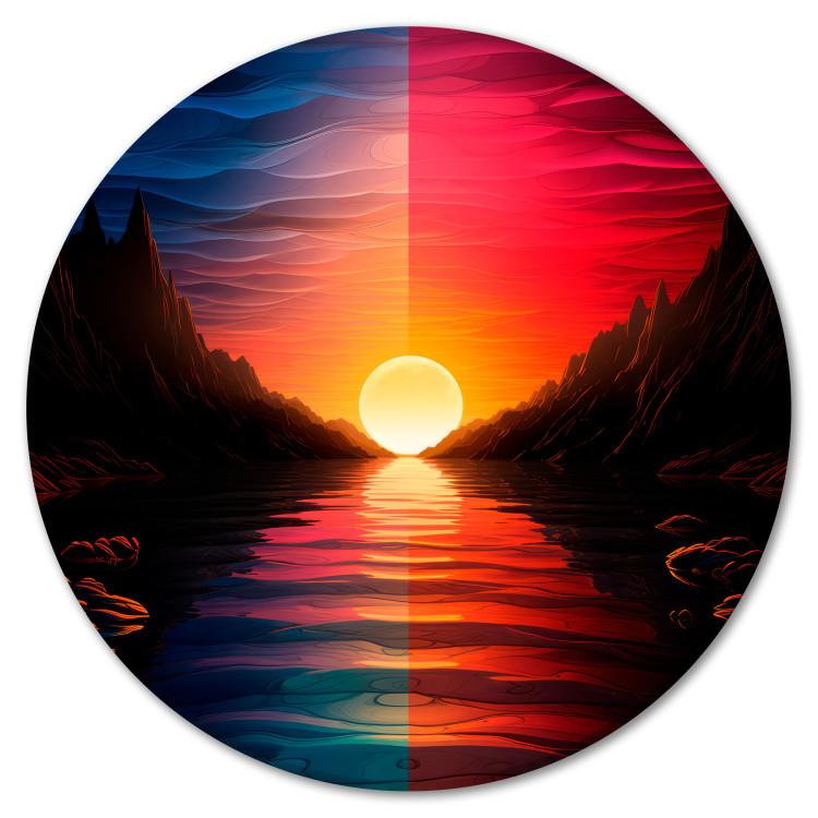 Round Canvas Print Purple Sunset - Orange Sun Setting Behind a Mountain River