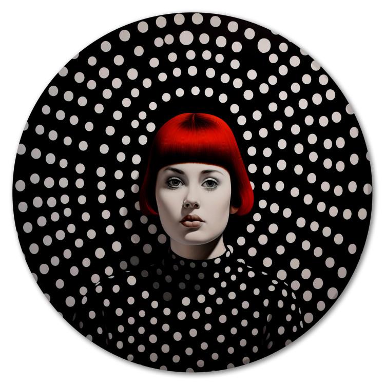 Round Canvas Print Fire in Peas - Portrait of a Red-Haired Woman on a Black and White Background