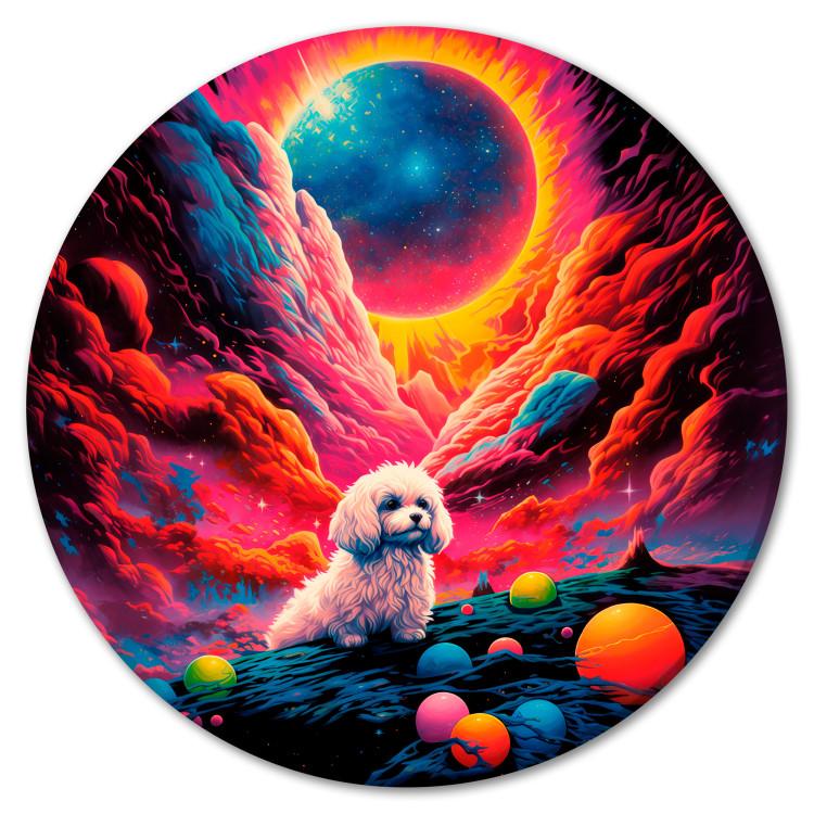 Round Canvas Print Galactic Poodle - A Seated Shaggy Dog Against the Cosmic Sky