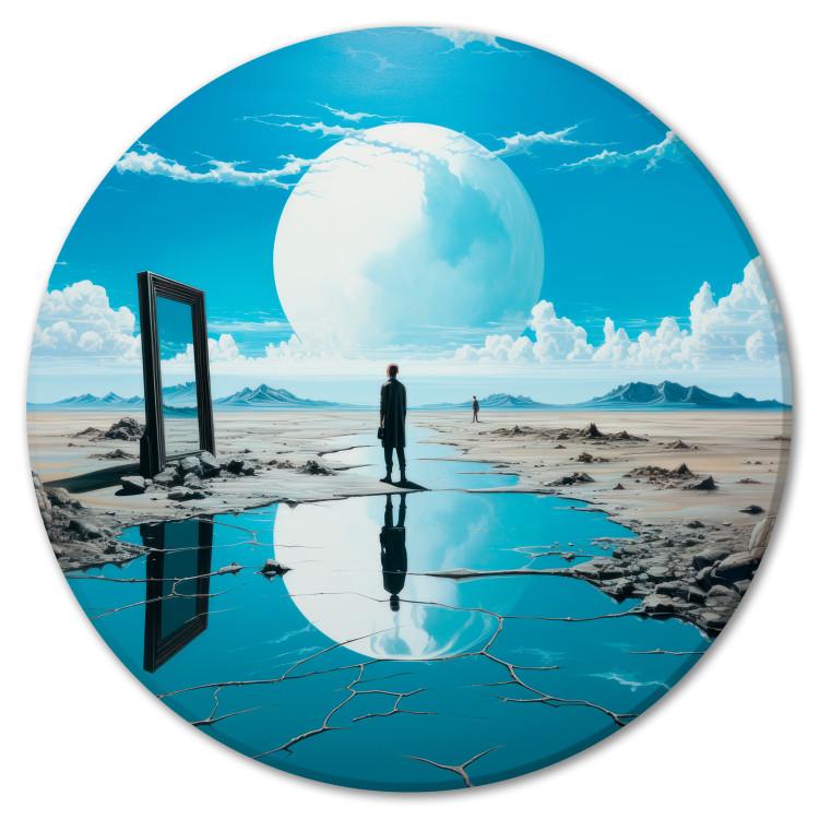 Round Canvas Print Mirror Impressions - A Figure Reflected in Water With the Moon in the Background