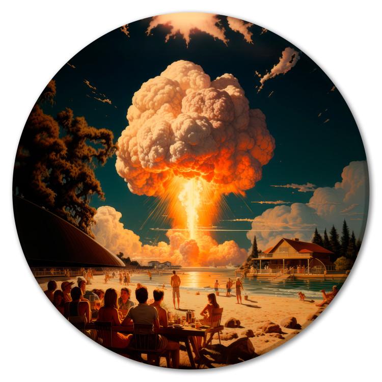 Round Canvas Print A Beautiful Disaster - A Holiday Resort With a Nuclear Explosion in the Background