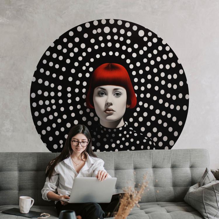 Round wallpaper Fire in Peas - Portrait of a Red-Haired Woman on a Dotted Background