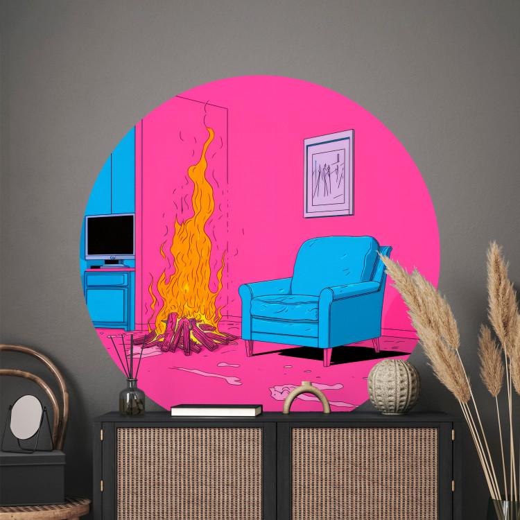 Round wallpaper Home Campfire - Hearth and Blue Armchair Against a Pink Wall