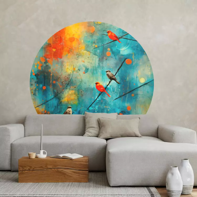 Round wallpaper Bird Gathering - Colorful Birds on a Multicolored Painting Background