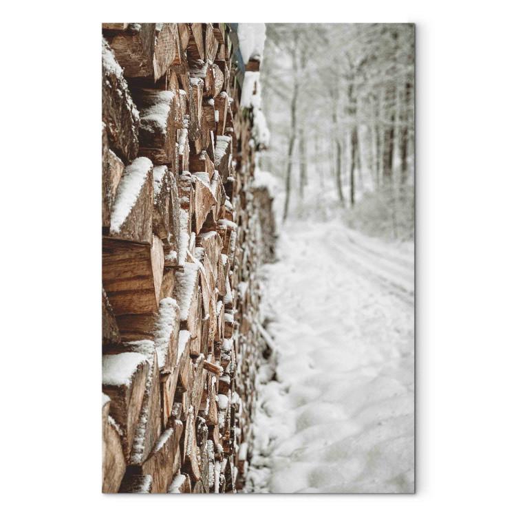 Canvas Print Winter Forest - Photo of a Pile of Wood on a Snowy Forest Road