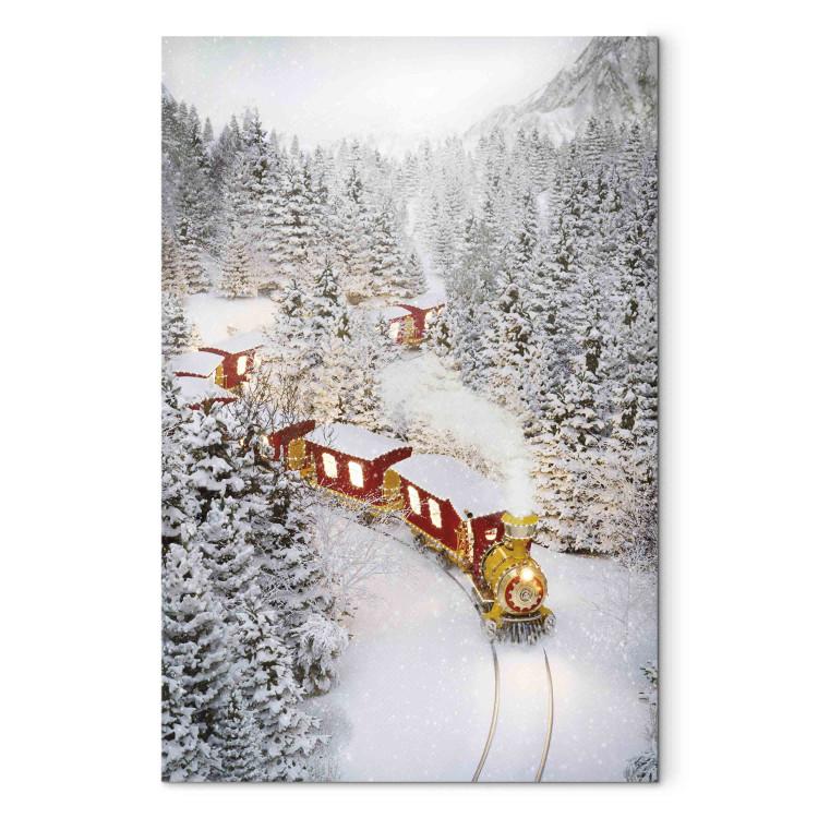 Canvas Print Christmas Train - A Fairy Tale Train Going Through a Snow-Covered Forest