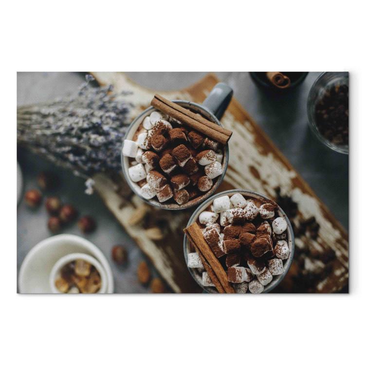 Canvas Print Hot Chocolate - Two Cups of Cocoa With Marshmallows Sprinkled With Cinnamon