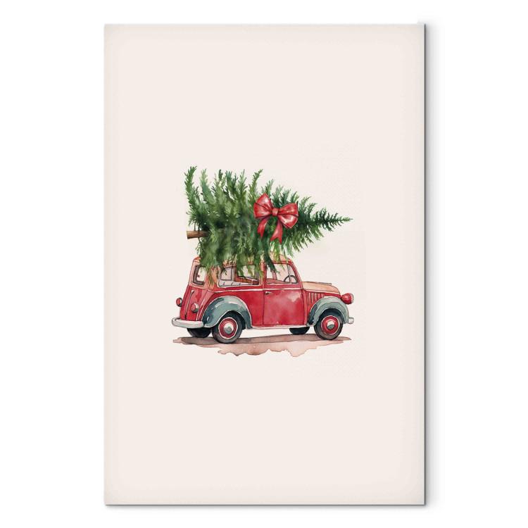 Canvas Print Christmas Transport - Watercolor Illustration of a Car With a Christmas Tree on the Roof