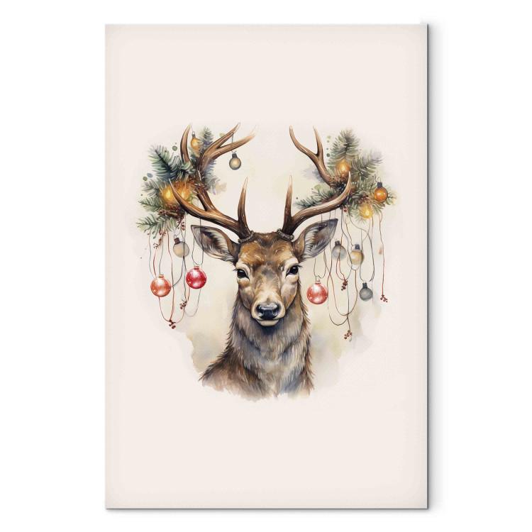 Canvas Print Christmas Guest - Watercolor Illustration of a Deer With Decorated Antlers