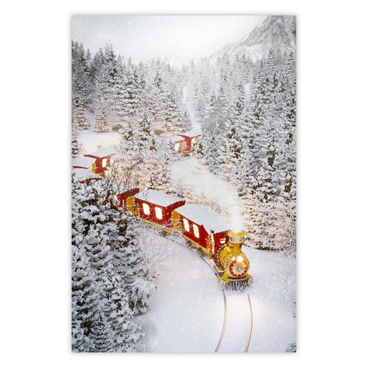 Poster Christmas Train - A Red Train Going Through a Snow-Covered Forest