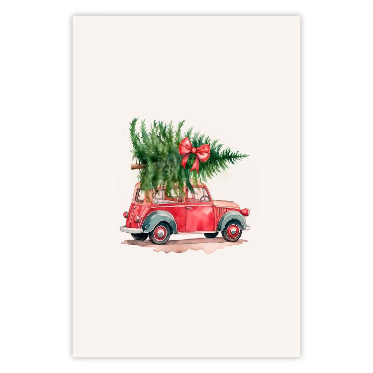 Poster Christmas Transport - Watercolor Red Car With a Christmas Tree on the Roof