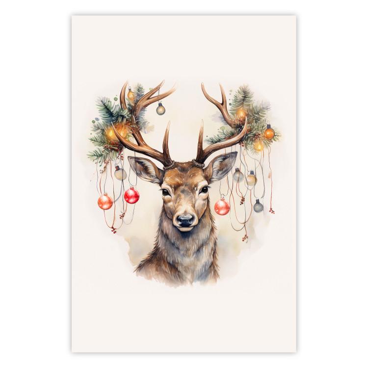 Poster Christmas Guest - Watercolor Illustration of a Deer With Ornamented Antlers