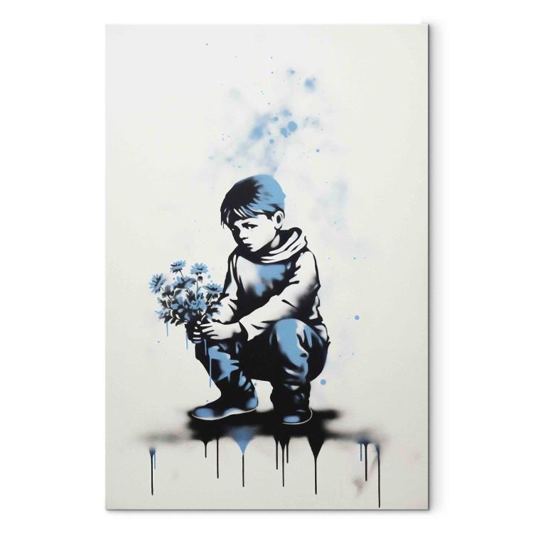 Canvas Print Blue Flowers - A Boy With a Bouquet Inspired by Banksy’s Style