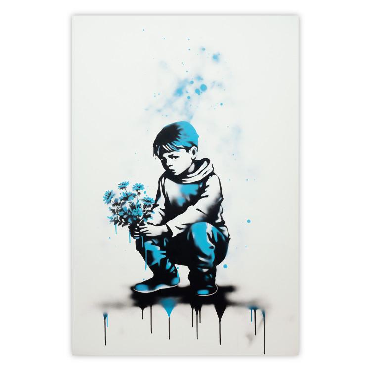 Poster Blue Graffiti - A Boy With a Bouquet Inspired by Banksy’s Style