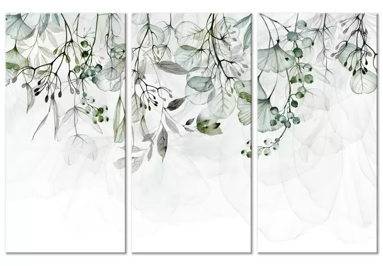 Canvas Print Watercolor Nature - Green Leaves and Flowers on a White Background