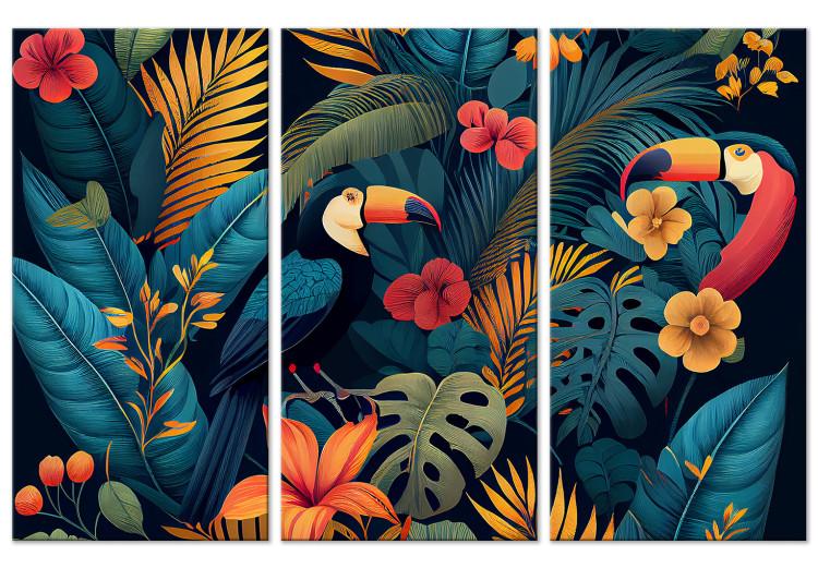 Canvas Print Birds in the Jungle - Toucans Among Lush Exotic Flowers and Foliage