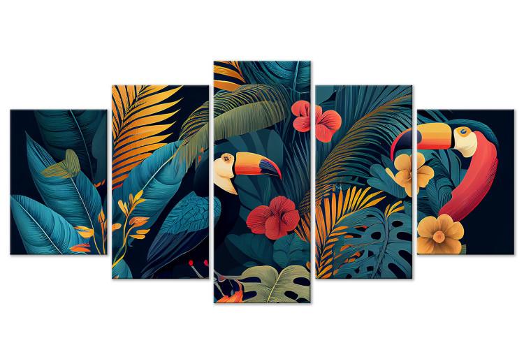 Canvas Print Birds in the Tropics - Toucans Among Lush Exotic Flowers and Foliage