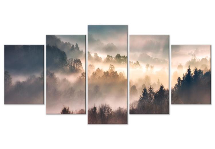 Canvas Print Mountainous Landscape - Sunset Among Coniferous Trees Amidst the Mist
