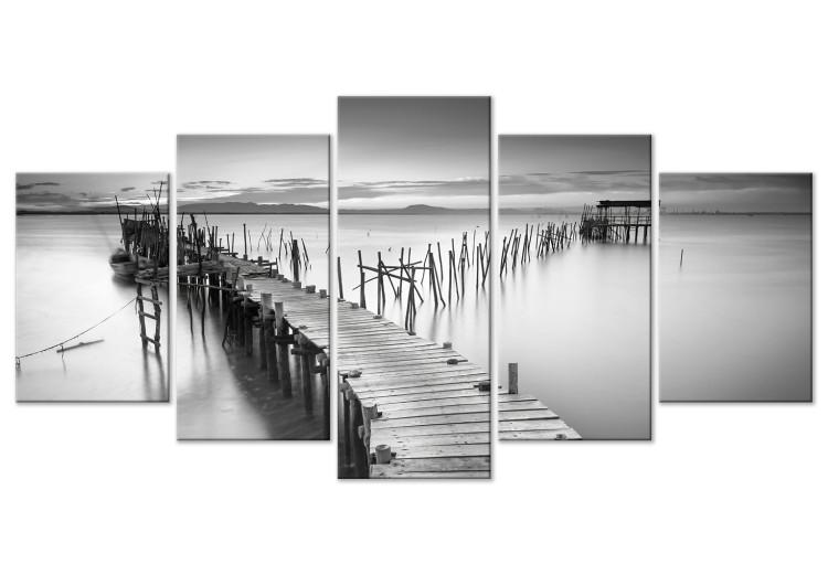 Canvas Print Bridge on the Lake - Black and White Landscape With Water Against the Background of the Sunset