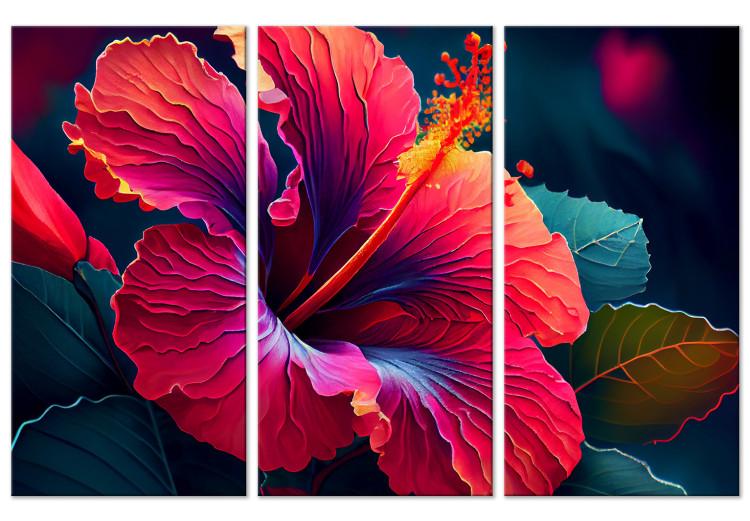 Canvas Print Lovely Flower - Original Multicolored Hibiscus Flower With Leaves