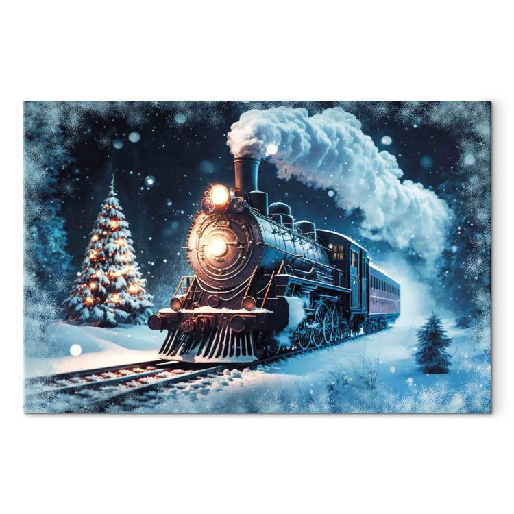 Canvas Print Christmas Train - Steam Locomotive Driving Through a Snowy Forest at Night