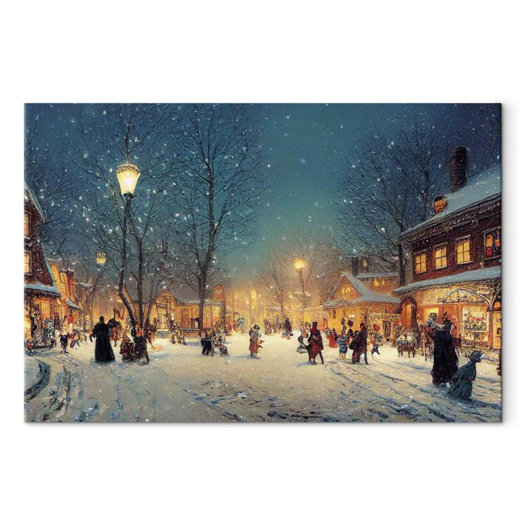 Canvas Print Winter Town - Snowy Street Lit up With Retro Lanterns