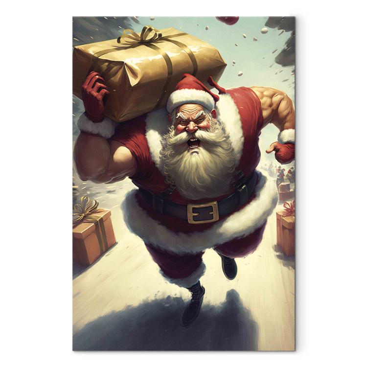 Canvas Print Christmas Madness - Muscular Santa Claus Carrying a Big Gift