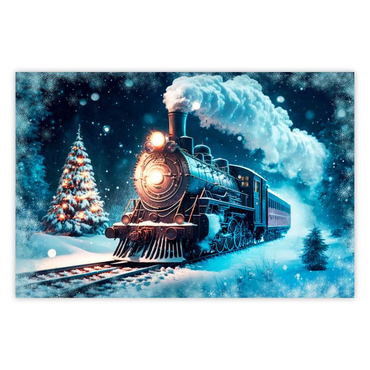 Poster Christmas Locomotive - A Train Traveling Through a Snowy Forest at Night