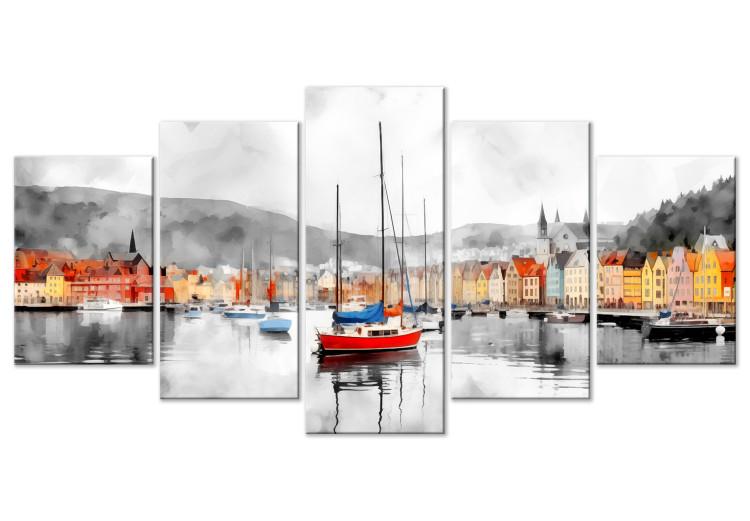 Canvas Print Bergen - Colorful Norwegian City Port with Picturesque Boats
