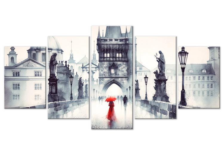 Canvas Print Charles Bridge - Black and White Landscape of Prague With Red Figure