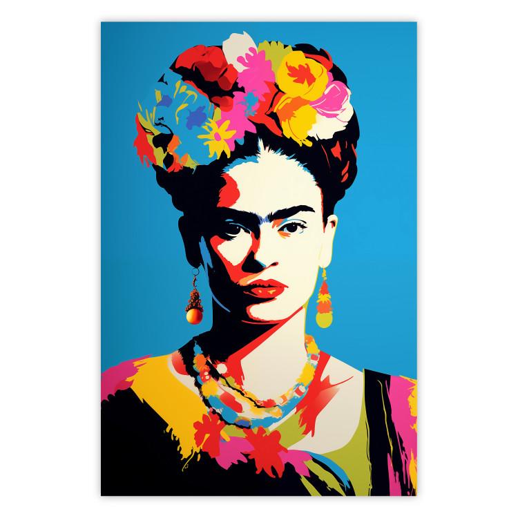 Poster Blue Portrait - Frida Kahlo With Flowers in Her Hair in Pop-Art Style