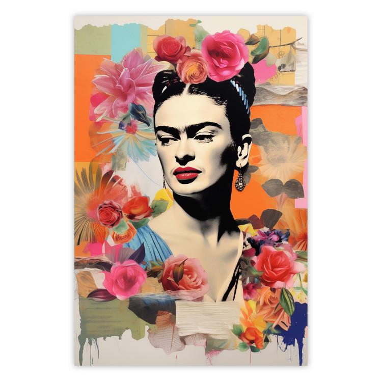Poster Collage With Frida - Colorful Composition With Portrait and Flowers in the Background