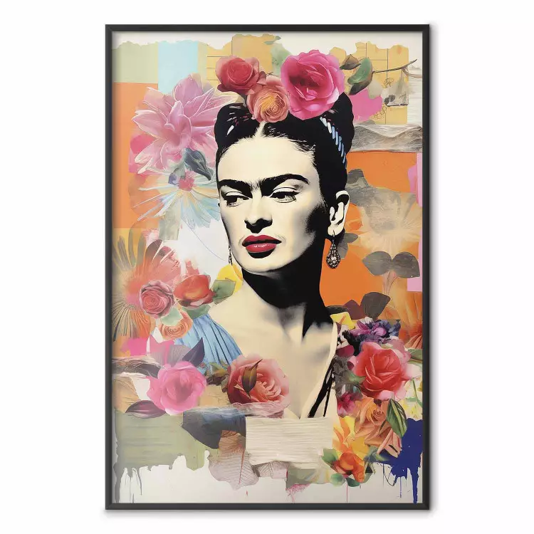 Collage With Frida - Colorful Composition With Portrait and Flowers in the Background