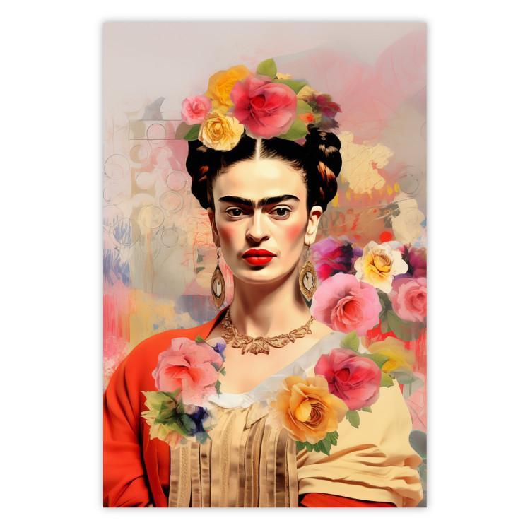 Poster Subtle Portrait - Frida Kahlo on a Blurred Background Full of Flowers