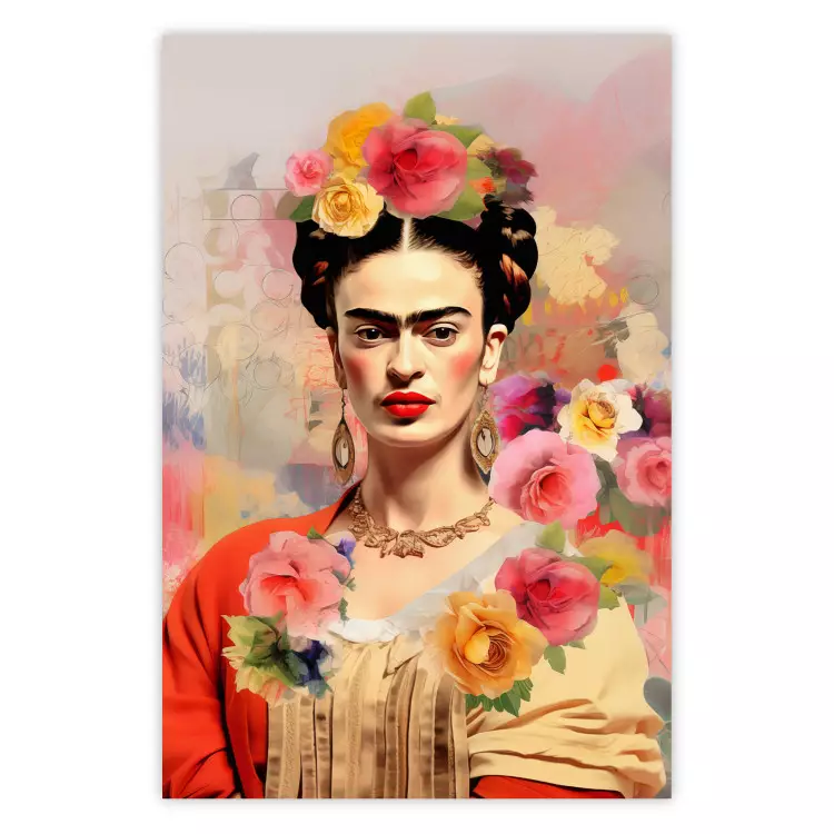 Subtle Portrait - Frida Kahlo on a Blurred Background Full of Flowers